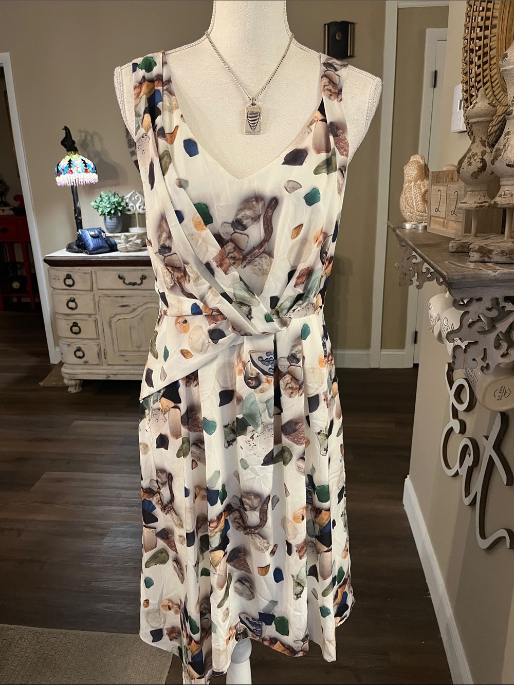 Meadow Rue White Midi Dress with Multicolor Abstract Print
